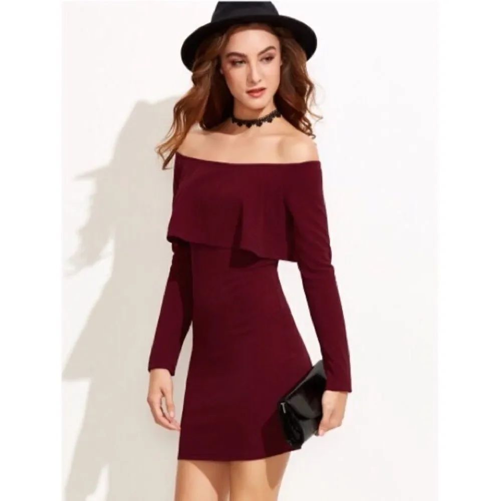 HP Burgundy Off The Shoulder Ruffle Bodycon Dress - Picture 3 of 7